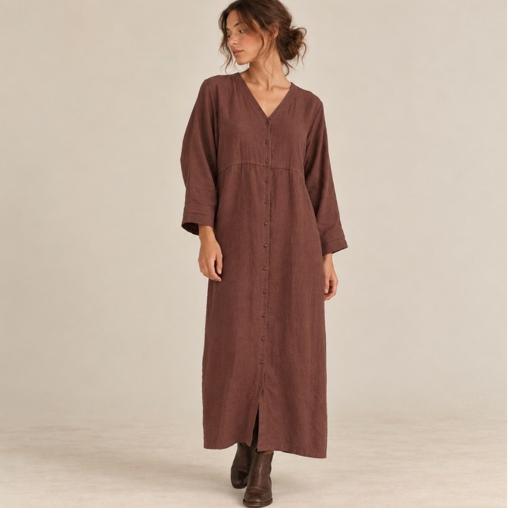 Vintage Kiko Maxi Dress 100% Linen Long Sleeve Button M Lagenlook Duster Earthy